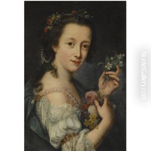 Portrait Of A Young Girl, Half Length, With Pearls In Her Hair, Holding Flowers by Antonio (Lucchese) Franchi