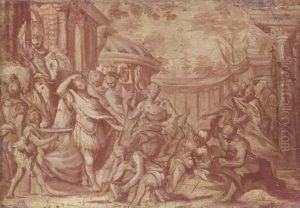 Scene From Classical History: A Seated Man Holding A Hoe Attended By Nudes And A General In Armour by Antonio (Lucchese) Franchi