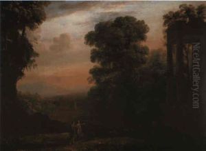 An Italianate Wooded Landscape At Sunset With Shepherds & A Ruined Temple by Rossello di Jacopo Franchi