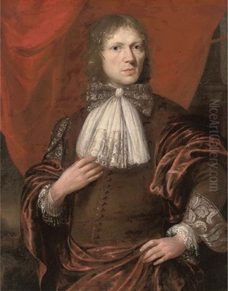 Portrait Of A Gentleman In A Brown Waistcoat And Red Wrap, A Partly-draped Wall Behind - view 1