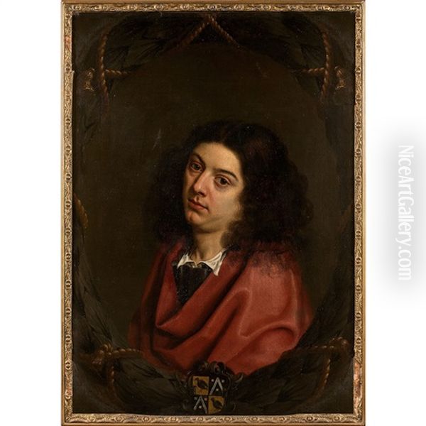 Portrait D"homme Aux Armes De La Famille Estrix De Terbeeck Dans Une Guirlande De Feuillage Encordee - view 1
