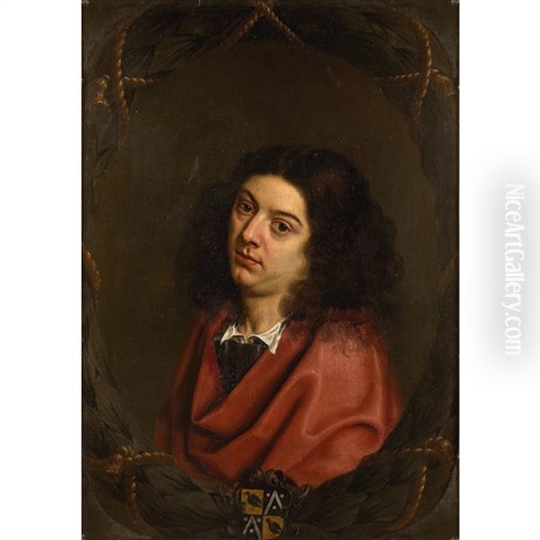 Portrait D'homme Aux Armes De La Famille Estrix De Terbeeck Dans Une Guirlande De Feuillage Encordee - view 1