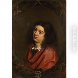Portrait D'homme Aux Armes De La Famille Estrix De Terbeeck Dans Une Guirlande De Feuillage Encordee by Peeter Franchoys