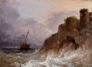 Bateau Pres D"une Falaise, Dans La Tempete