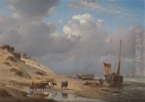 Dutch Coast With Cattle And Ships At Low Tide by Alexandre Thomas Francia