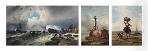 Saving A Shipwrecked Crew, The Day's Catch, And Figures Smoking At A Lighthouse (3 Works) by Alexandre Thomas Francia