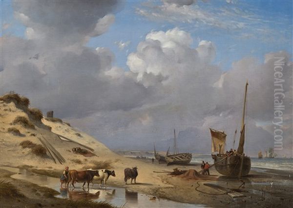 Paysage Cotier Avec Betail Et Barques Sur La Plage - view 1