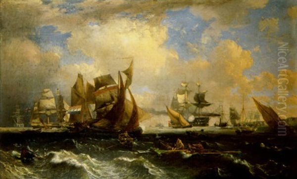 A Sea Piece With Fishing Boats And Other Shipping, A Naval Engagement Beyond - view 1