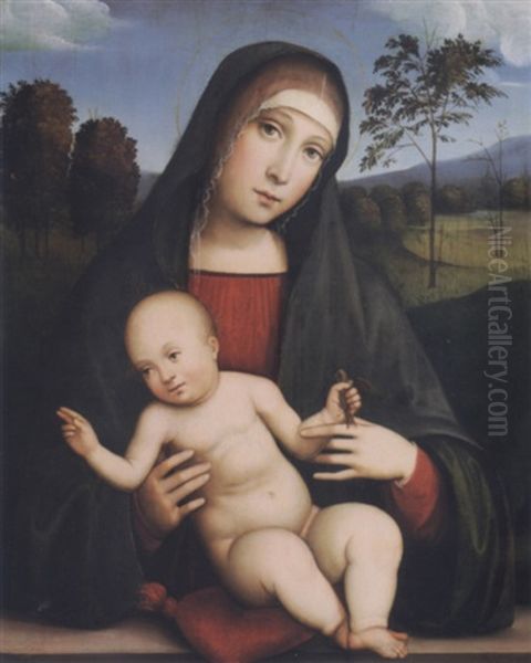Madonna With The Christ Child Holding A Bird, A Distant Landscape Beyond - view 1
