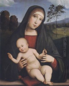 Madonna With The Christ Child Holding A Bird, A Distant Landscape Beyond by Francesco Francia