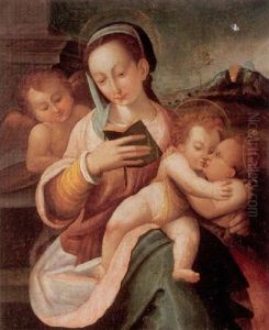 The Virgin And Child With Attendant Angels And A Volcano Beyond