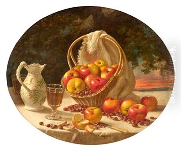 Still Life Of Apples And Nuts In A Basket, A Sunset In The Distance - view 1