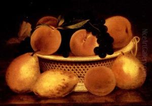 Pears, Peaches And Grapes In A Woven Basket Pears, Peaches And Grapes In A Woven Basket