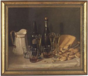 Still Life With Central Bottles Of Cognac And Wine Surrounded By Goblets, Glasses, A Wedge Of Cheese, And Biscuits On A Draped Table