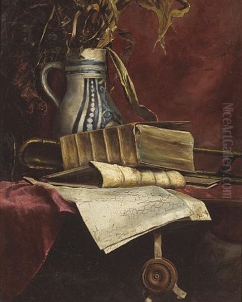 Still Life With Trombone And Books On A Table - view 1