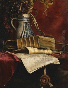 A Still Life With Books, Manuscripts, A Trombone And A Vase by John Bond Francisco