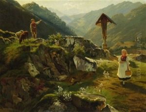 Hirtenjunge Und Bauermadchen In Den Alpen by Adolf Theodor Franck