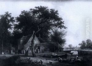 Figures Standing Outside A Cottage By A River by Christoffel Frederik Franck