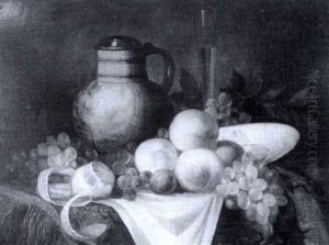 Fruchtestilleben Mit Zinnmontierter Birnkanne Neben         Weingefulltem Stangenglas