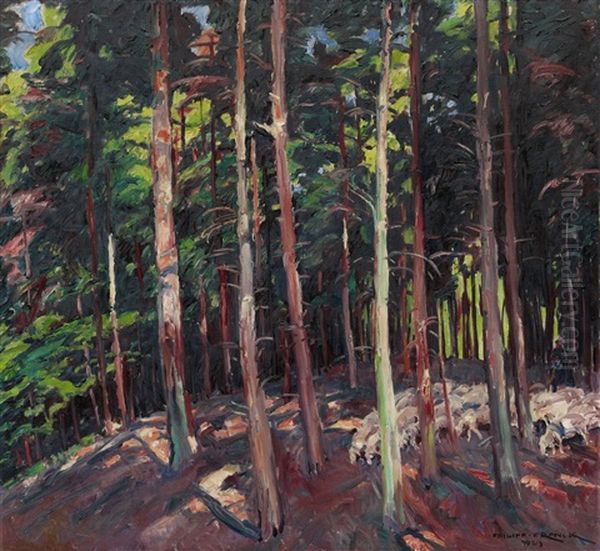 Schafer Mit Herde Im Wald - view 1