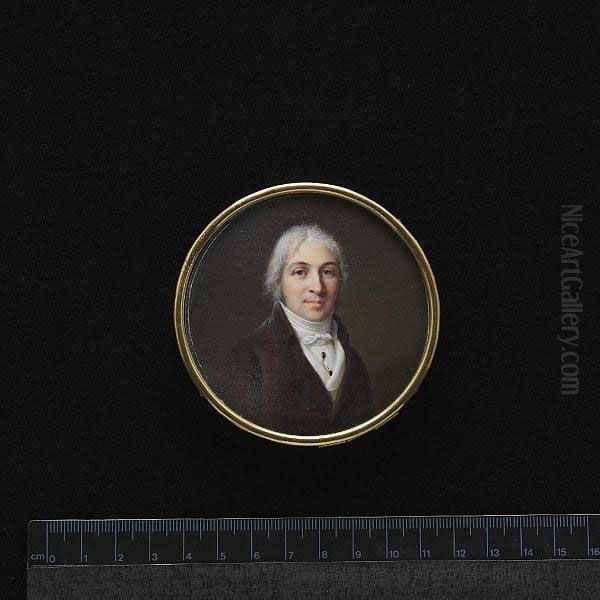 A Gentleman, Wearing Brown Coat, White Waistcoat, Chemise Held With Jewelled Stickpin And Tied White Stock, His Hair Powdered. - view 1