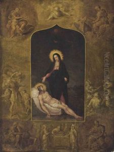 The Lamentation, With God The Father, The Four Evangelists, The Sacrifice Of Isaac, The Brazen Serpent And A Sacrifice Scene In The Borders by Frans Francken III
