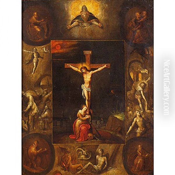 Cristo Crucificado Con Una Grisalla Alrededor Representando A Dios Padre, Los 4 Evangelistas, La Resurreccion, La Bajada Al Limbo, Y El Diablo... - view 1