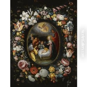 The Nativity Encircled By A Garland Of Roses, Parrot Tulips, Lilies, Violets, Forget-me-nots, Lily Of The Valley And Other Flowers by Frans Francken III