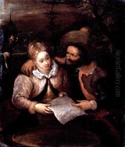 A Young Lady And A Cavalier Holding A Letter by Frans Francken III