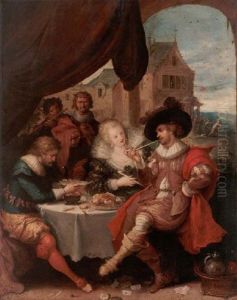 Elegant Company Banqueting At A Table To The Accompaniment Of Musicians, A Country Tavern Beyond