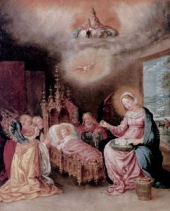 Angels Adoring The Christ Child In A Crib While The Virgin Sews, Observed By God The Father And The Holy Spirit Angels Adoring The Christ Child In A Crib While The Virgin Sews, Observed By God The Father And The Holy Spirit