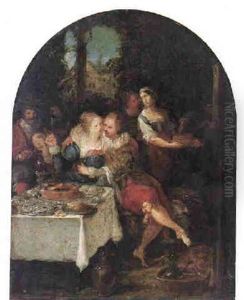 A Couple Embracing At A Table Laden With Oysters And Plates Of Food, Musicians And Servants Beyond