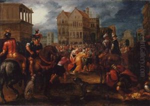 A Crowded Town Square With Soldiers by Frans Francken the Elder