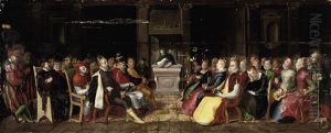 A Vanitas: A Capriccio Of A Dominican Preaching To The Emperor Charles V, King Philip Ii Of Spain, A Pope And Their Brilliantly Attired Entrouages by Hieronymus I Francken