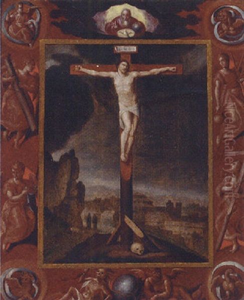 The Crucifixion In A Feigned Surround With The Implements Of The Passion And The Symbols Of The Four Evangelists, God The Father Above - view 1