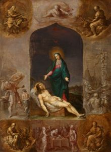Pieta Surrounded By Grisailles Of The Four Evangelists And Scenes From The Old Testament by Frans Francken the Younger