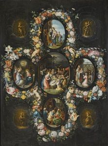 The Joyful Mysteries Of The Five Rosaries: Five Medallions Surrounded By A Garland Of Flowers Depicting The Adoration Of The Shepherds; The Annunciation; The Visitation Of Mary To Saint Elizabeth; The Presentation In The Temple; And Christ Disputing With by Frans Francken the Younger