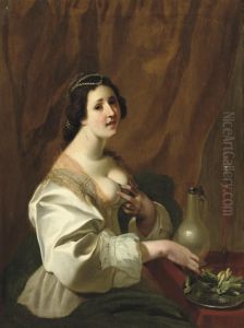 A Woman Seated By A Table With A Plate Of Artichokes A Woman Seated By A Table With A Plate Of Artichokes