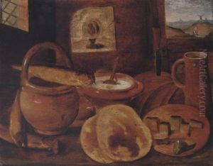 A Poor Man's Meal: A Loaf Of Bread, Porridge, Buns, And A Herring On A Wooden Table by Hieronymus Francken the Younger