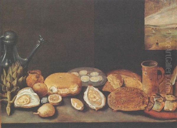 A Still Life With An Artichoke, A Pewter Jug, Oysters, Lemons, A Herring On A Plate With Bread, All On A Wooden Ledge - view 1