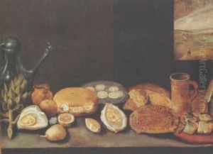A Still Life With An Artichoke, A Pewter Jug, Oysters, Lemons, A Herring On A Plate With Bread, All On A Wooden Ledge by Hieronymus Francken the Younger