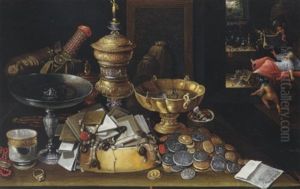 A Still Life Of Coins, Letters, A Silver Tazza, Gilt Vessels, Jewelry And A Silver Beaker Upon A Table, A Miser Haunted By Demons Beyond by Hieronymus Francken the Younger