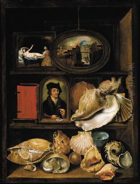 A Still Life Of Shells, Paintings And Books On Recessed Shelves - view 1