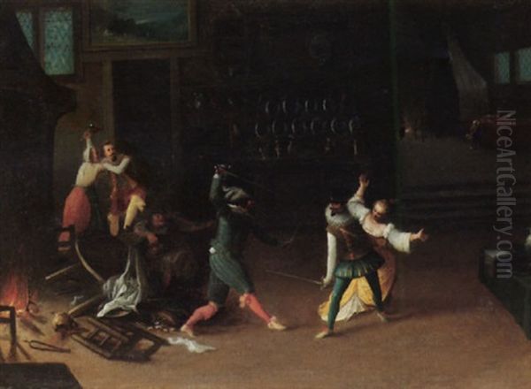 An Interior With Swordsmen Fighting Over A Woman - view 1