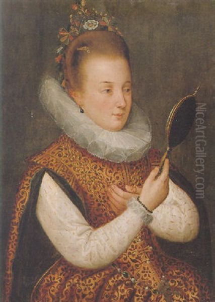 Portrait Of A Young Lady Wearing A Gold And Red Embroidered Dress - view 1