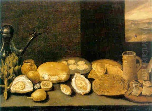 A Still Life Of An Artichoke, A Pewter Ewer, Oysters, Lemons, Herring And Bread All On Wooden Ledge - view 1