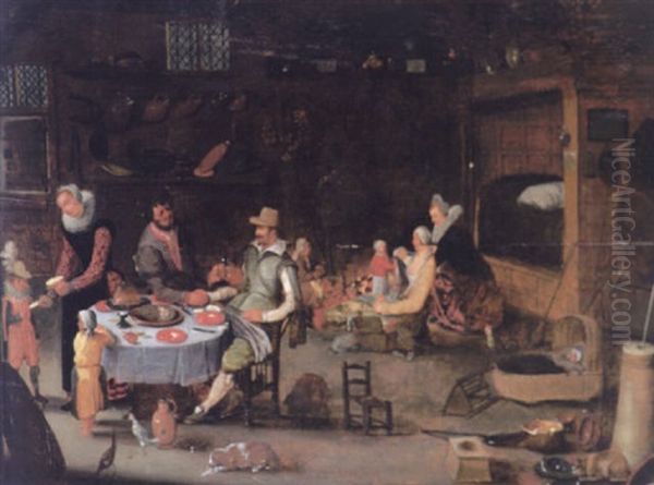 An Interior With Gentlemen Dining At A Table Surrounded By Children And Animals With Baby Sleeping In A Cot - view 1