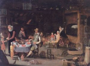 An Interior With Gentlemen Dining At A Table Surrounded By Children And Animals With Baby Sleeping In A Cot