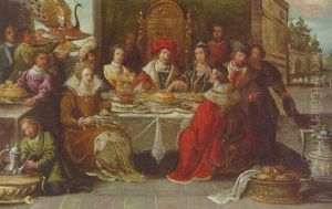 Elegant Company At A Table With Attendants, Figures In A Park Beyond