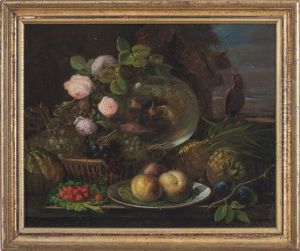 Still-life With Roses, Fruit, Bowl Of Gold Fish And Parrot At A Window